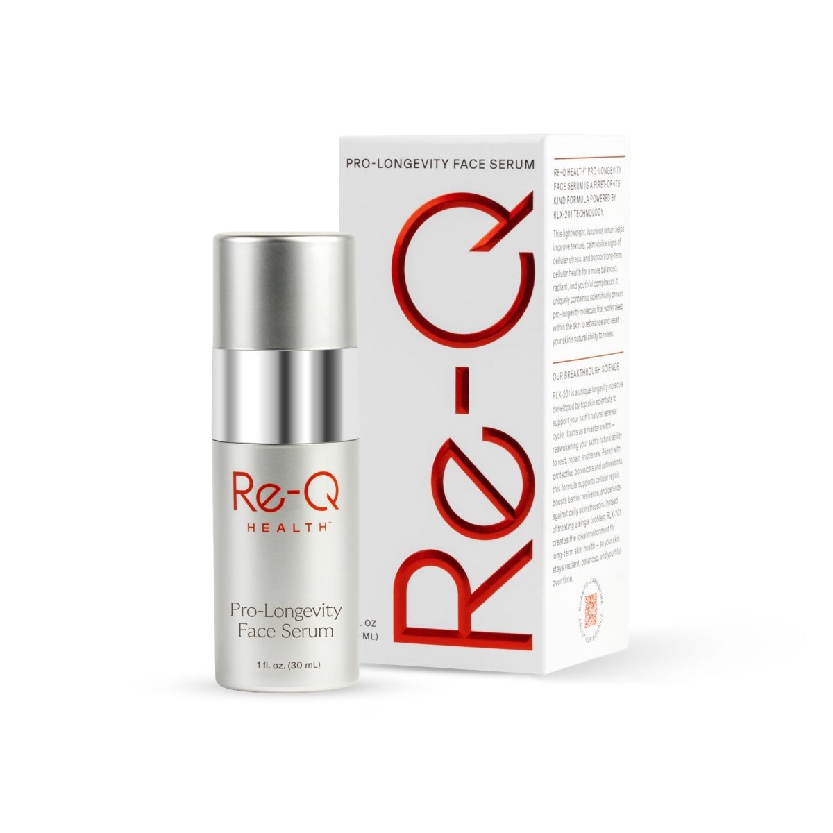 Re-Q Pro-Longevity Face Serum bottle with its red and white Re-Q Health box