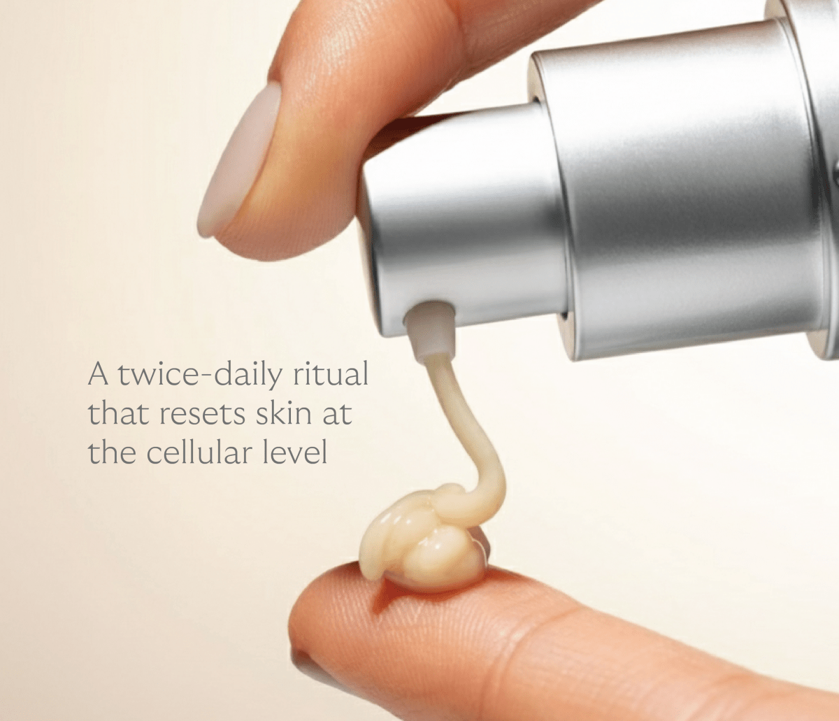 Re-Q Pro-Longevity Face Serum dispensed from the pump onto a fingertip, showing the lightweight serum texture